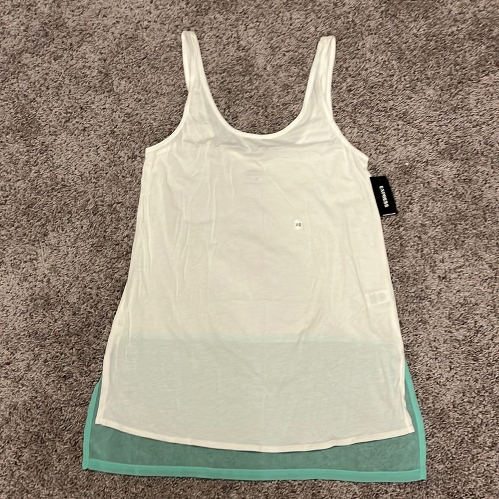 Express tank top, white with mint green shear back on lower 1/3. XS